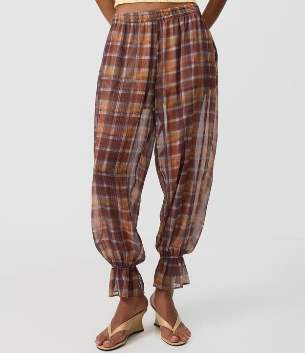 Pantalón Aladim en Chiffon de Cuadros con Fruncido en el Tobillo 2