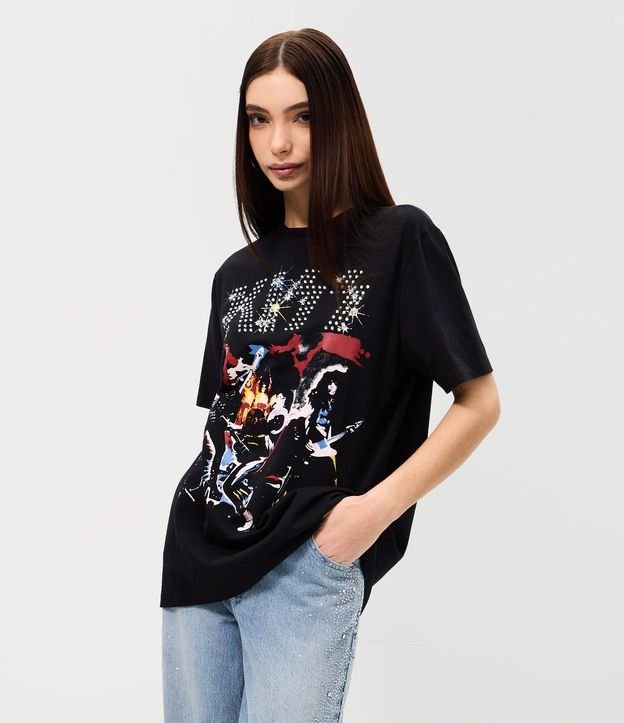 Remera en Algodón con Estampado Banda Kiss con Lettering Brillante