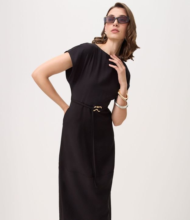 Vestido Midi en Sarga con Cinta y Hebilla Metalizada