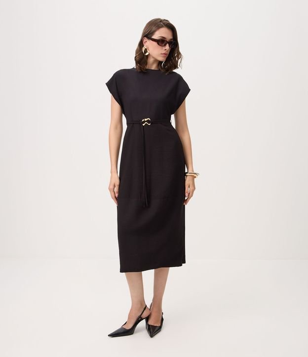 Vestido Midi en Sarga con Cinta y Hebilla Metalizada 2