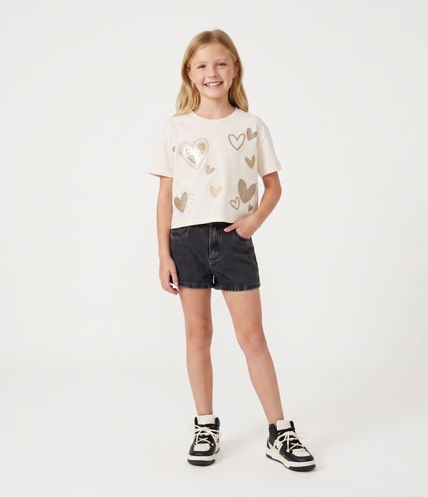 Remera Infantil en Algodón con Lentejuela de Corazones - Talle 5 a 16 años