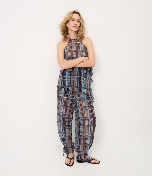 Pantalón en Chiffon de Cuadros con Lazo en el Bajo