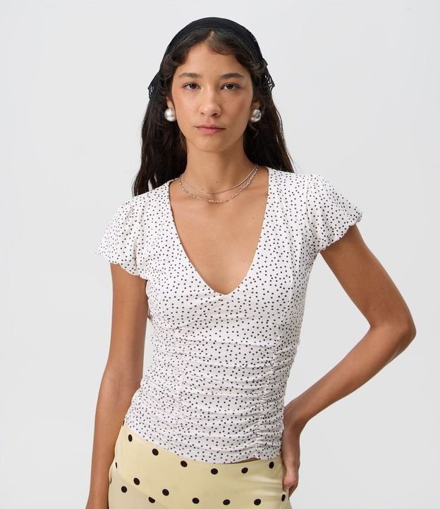 Blusa con Drapeado Delantero y Estampado de Lunares