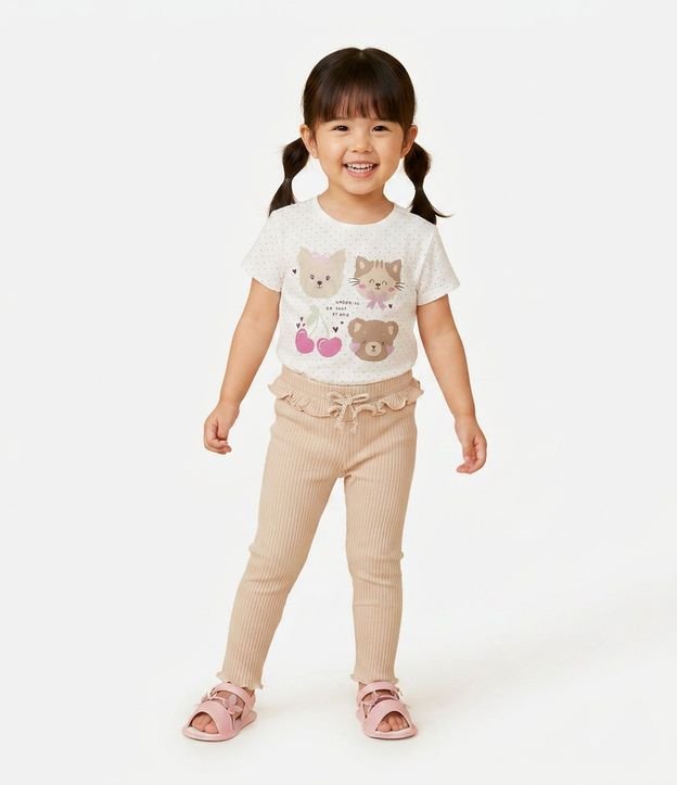 Remera Infantil en Cotton con Estampa de Lunares y Personajes con Purpurina - Talle 1 a 6 años