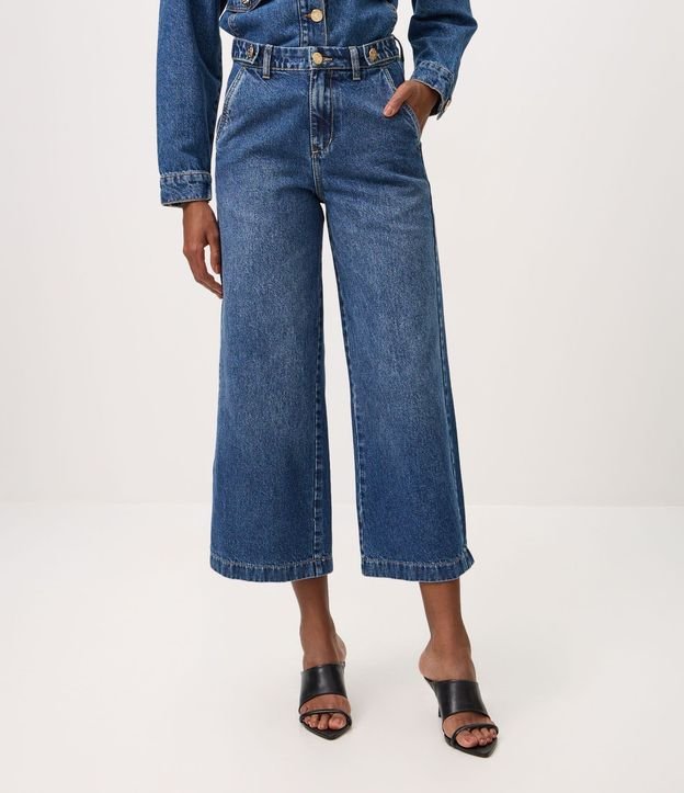 Pantalón Wide Cropped en Jeans con Cintura Alta y Abotonamentos 3