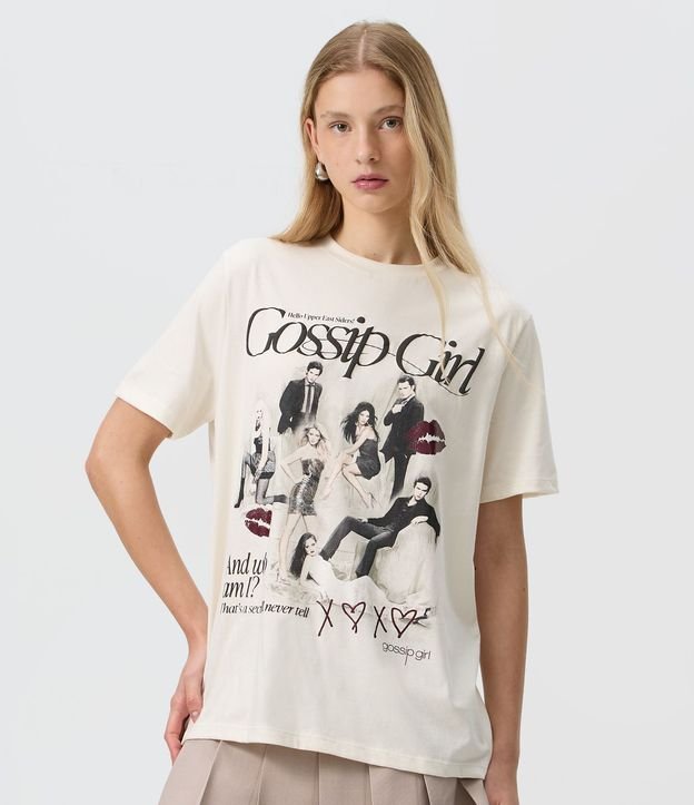 Remera en Algodón con Estampado Gossip Girl y Manga Corta
