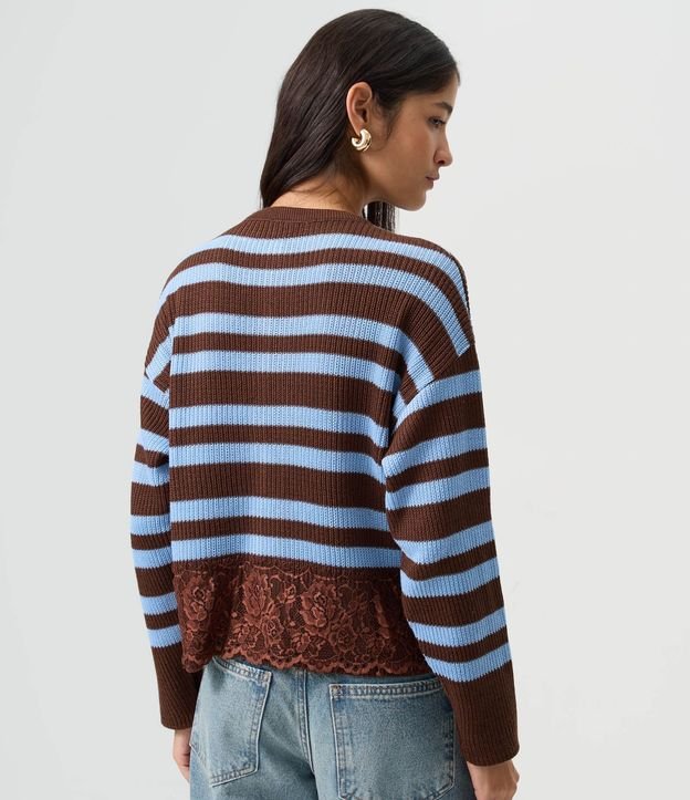 Cardigan en Punto Listrado con Detalle de Encaje en el Bajo 4