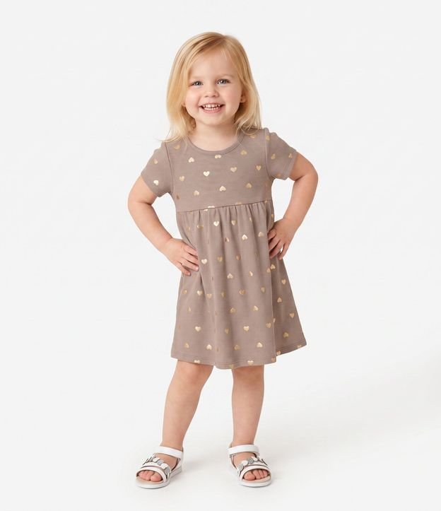 Vestido Infantil en Algodón Canelado con Foil de Corazones Dorado - Talle 1 a 6 años