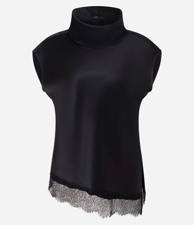Blusa Satinada con Cuello Alto y Bajo Asimétrica de Encaje