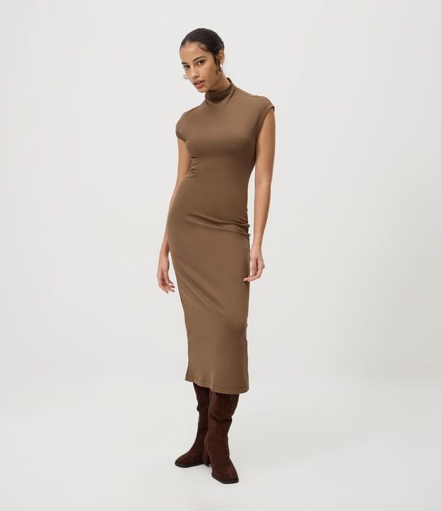 Vestido Midi en punto Roma con Hombros Contrastantes