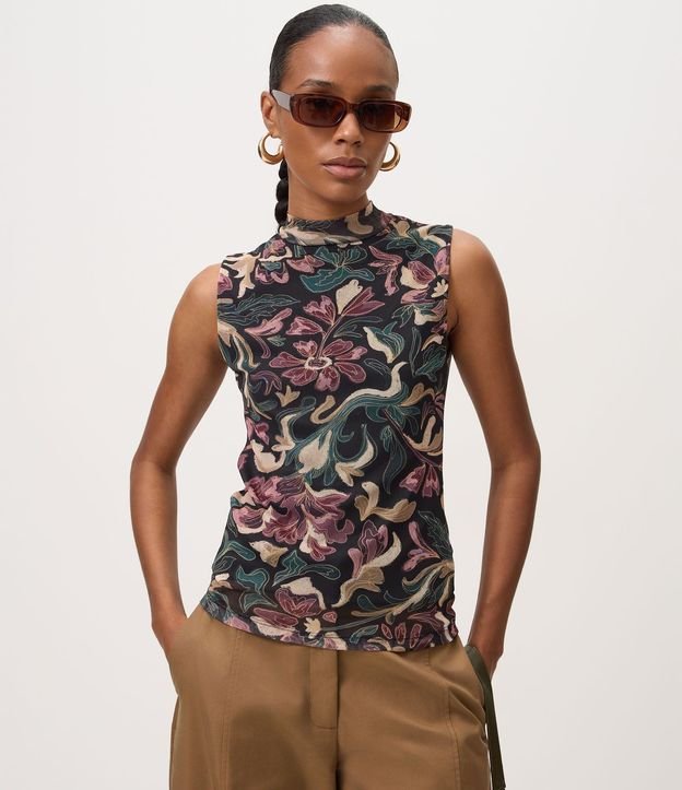 Blusa en Tule Estampado Floral Abstracto con Cuello Alto 1