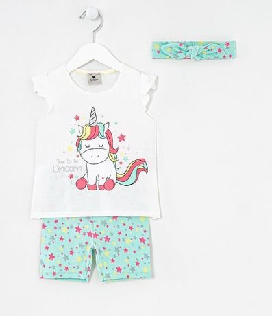 Conjunto Infantil Blusa Estampa de Unicornio y Short Estampa de Estrella con Tiara Tam 1 a 4 años 1