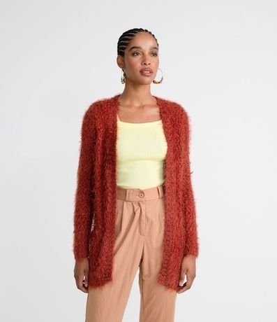 Campera Alargada de Punto con Peluche y Bolsillos