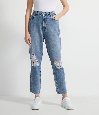 Pantalón Mom Jeans Liso con Rasgados y Gastados 1