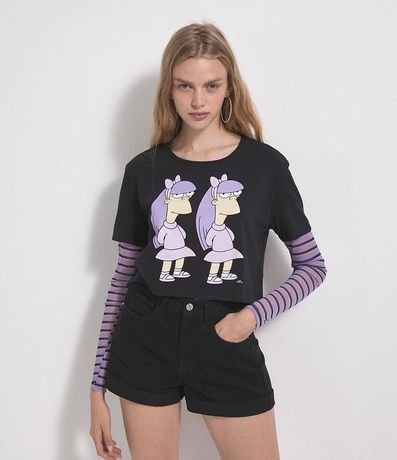 Blusa Cropped Manga Larga Rayada en Tul Estampa Gemelas Simpson 1