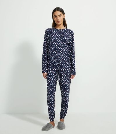 Pijama Remera Manga Larga y Pantalón con Estampa de Flores 1
