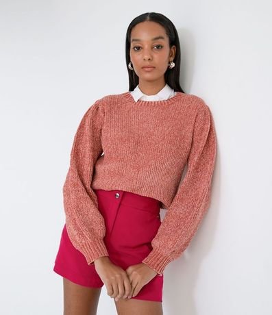 Blusa en Tejido de Punto Chenille con Manga Larga Abullonada y Hilo Metalizado 1