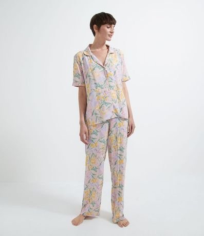 Pijama Blusa Manga Corta con Botones y Pantalón en Viscose Estampa Flores 1