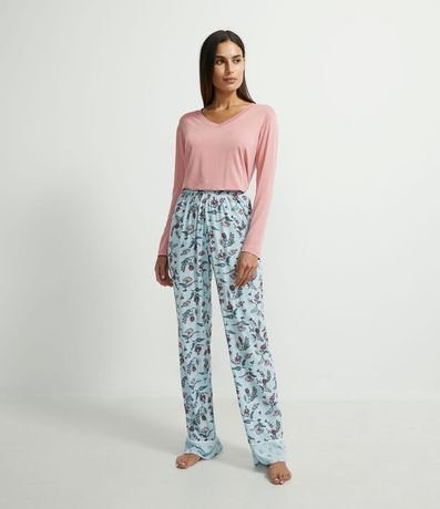 Pijama Blusa Manga Larga y Pantalón con Estampa de Flores en Viscolycra 1