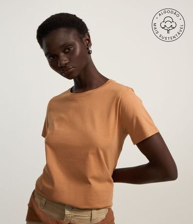 Blusa Alargada Básica en Algodón con Cuello Redondo y Manga Corta