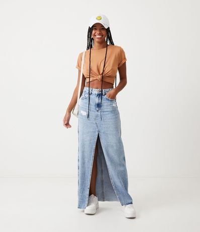 Blusa Alargada Básica en Algodón con Cuello Redondo y Manga Corta 3