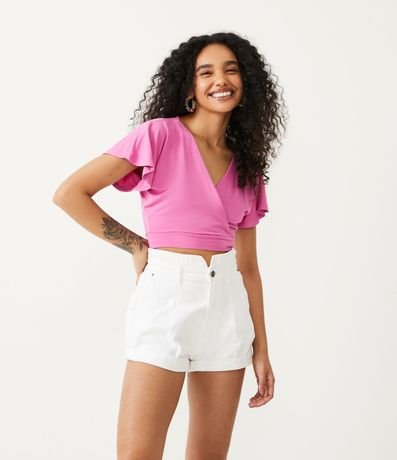 Blusa Corta Lisa en Viscose con Escote en V Transpasado 1