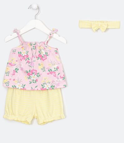 Conjunto Infantil Blusa con Estampado Floral Short Rayado y Accesorio para el Pelo - Talle 0 a 18 meses 1