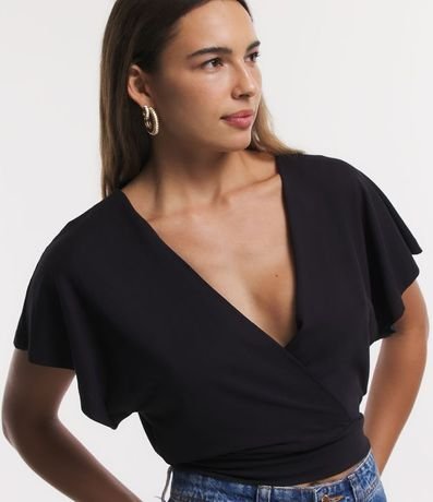 Blusa Corta Lisa en Viscose con Escote en V Transpasado 4