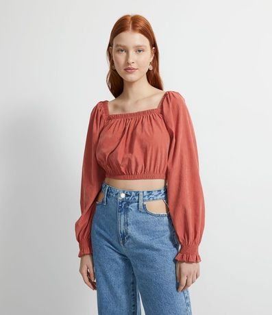 Blusa Cropped Manga Larga Abullonada con Lastex en el Puño 1