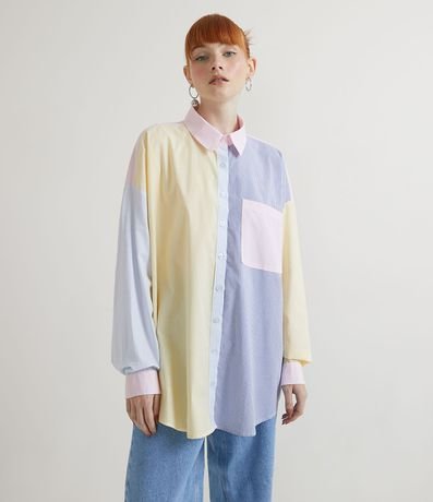 Camisa en Tricoline Alargada con Raya y Bloques de Colores 1