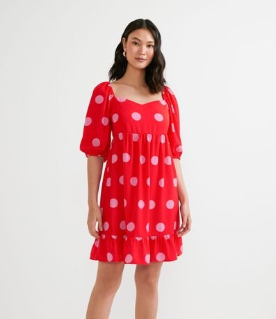 Vestido Manga Corta Abullonada Estampado Poá
