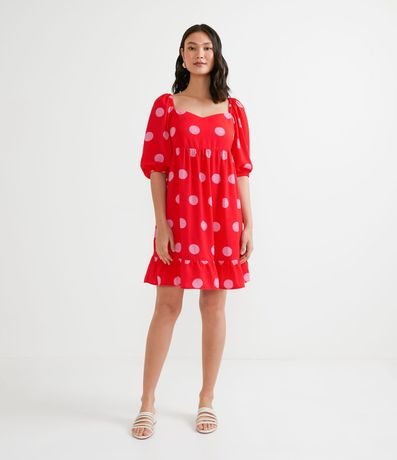 Vestido Manga Corta Abullonada Estampado Poá 5