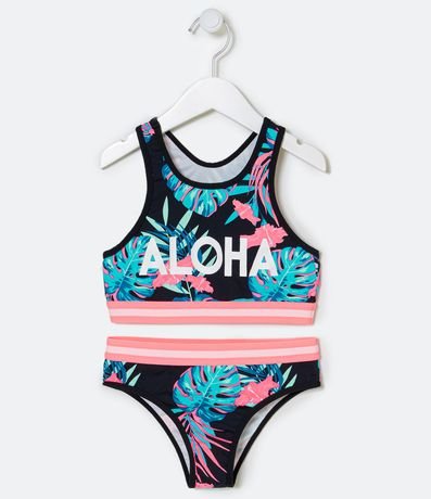 Bikini Infantil Deportivo Estampado de Follajes y Lettering Aloha - Tam 5 a 14 años 1