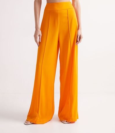 Pantalón Pantalona en Crepe con Recorte y Costura Contrastante en la Cintura