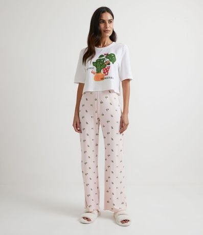 Pijama en Viscolycra con Estampada Plants Manga Corta y Pantalón Amplio 1