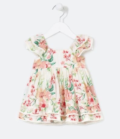 Vestido Infantil en Viscosa con Estampado Floral y Rayas de Hilo Metalizado - Talle 0 a 18 meses 1