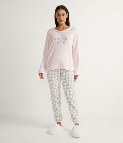 Pijama Largo en Fleece con Bordado Enjoy en la Blusa y Pantalón Cuadrillé 1