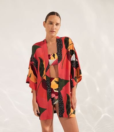 Salída de Playa Kimono en Viscosa Estampado de Follajes 1