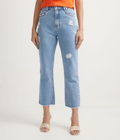 Pantalón Recta Cropped Jeans con Cintura Alta y Desgastes 1