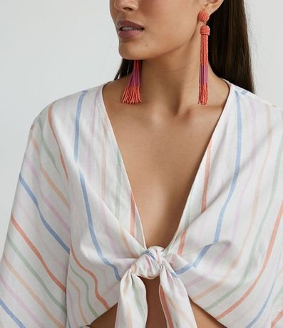 Blusa Corta en Algodón Rayado con Manga 3/4 sin Sisa y Lazo Frontal 3