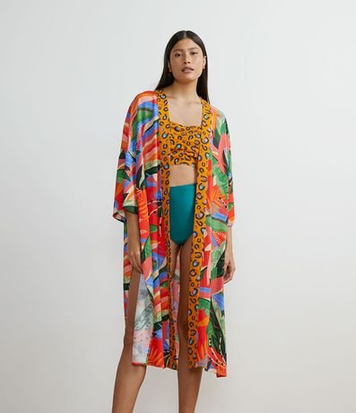 Kimono Alargado en Viscosa con Estampado de Follajes 1