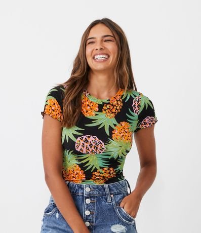 Blusa Manga Corta en Ribana con Frufru y Estampado Piña