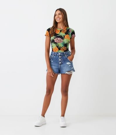 Blusa Manga Corta en Ribana con Frufru y Estampado Piña 2