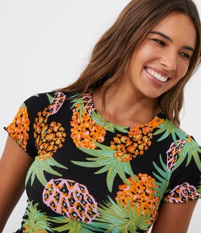 Blusa Manga Corta en Ribana con Frufru y Estampado Piña 4