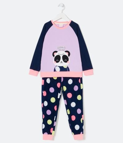 Pijama Largo Infantil en Fleece Estampado Oso Panda y Lunares - Talle 5 a 14 años 1
