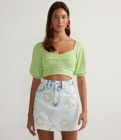 Blusa Cropped en Rib con Manga Corta y Pliegues Frontales 1