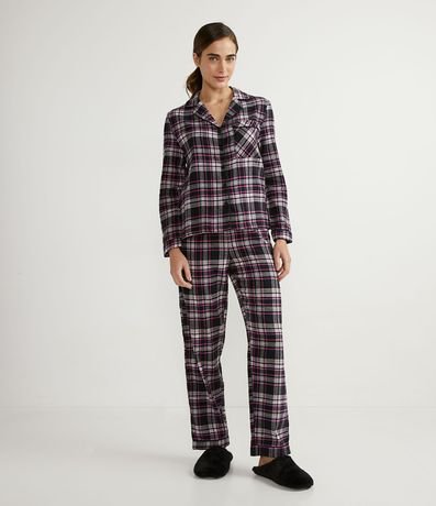 Pijama Largo en Franela con Estampado Cuadrillé 1