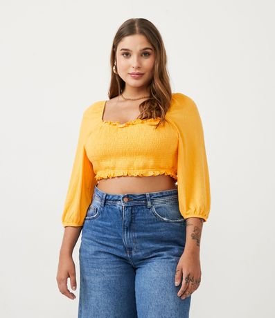 Blusa Super Cropped en Viscosa con Manga 3/4 Abullonada y Lastex en el Cuerpo