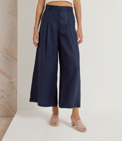 Pantalón Pantalona en Lino con Pliegues Frontales sin Estampado 1
