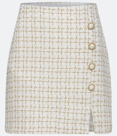 Pollera en Tweed Estampado con Botones y Mini Abertura Frontal